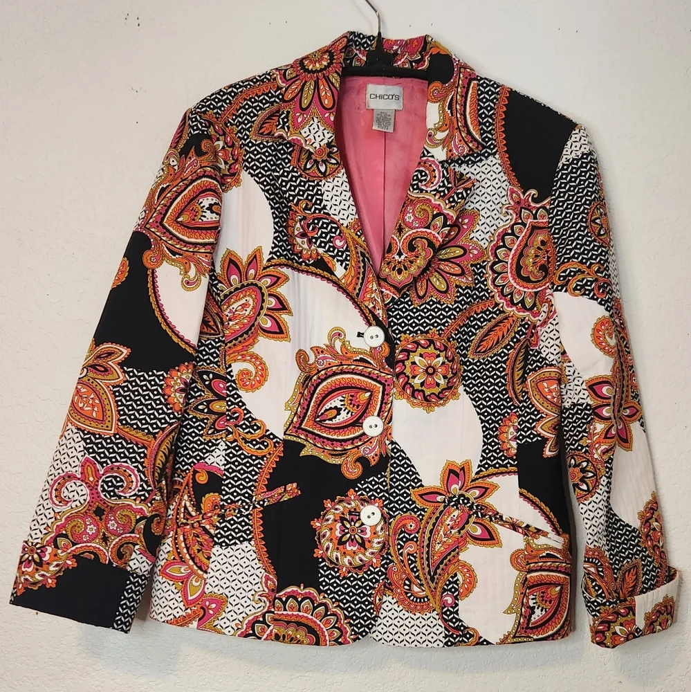 Chico's Women's Fully Lined Multicolored Paisley Button-Up‎ Jacket, Size .5 (S)